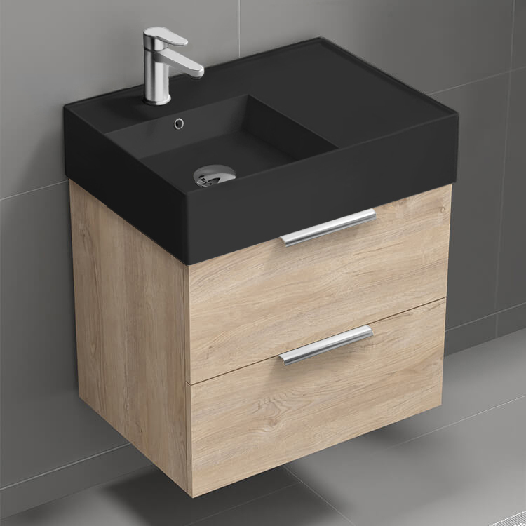 Nameeks DERIN244 Modern Bathroom Vanity With Black Sink, Small, Floating, 24 Inch, Brown Oak